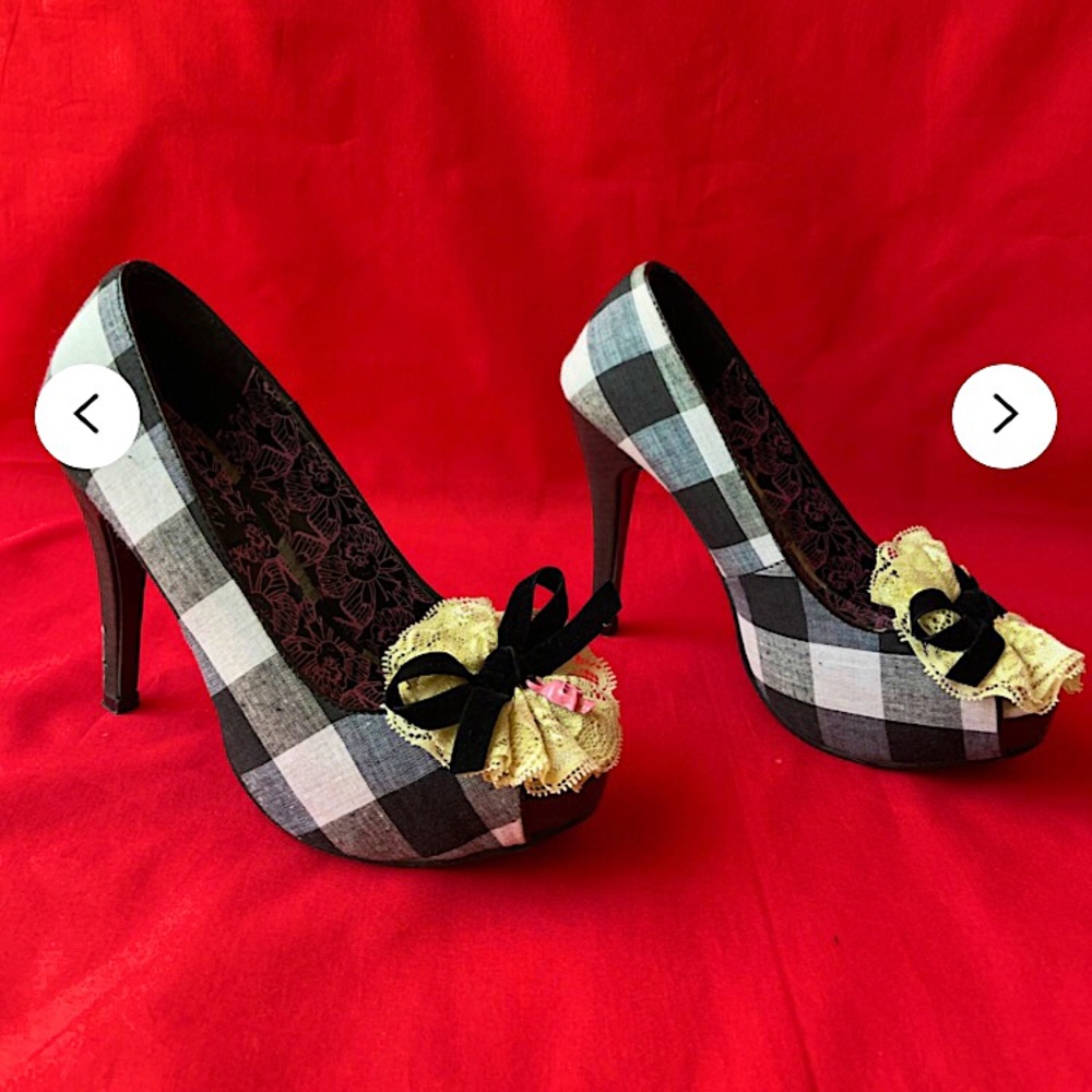Iron Fist Gingham Print Lace Ribbon Skull Peep Toe Heels